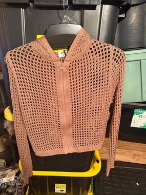 Love knits Lightweight Open-Knit Zip Hoodie Sweater - Dusty Rose x-small